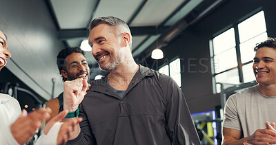 Buy stock photo Fitness, celebrate and friends in gym with applause for exercise, training and workout success. Sports center, excited and men and woman clapping hands for wellness, health goals and achievement