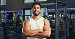 Fitness, bodybuilder and arms crossed with portrait at gym for bodybuilding, training and about us. Personal trainer, man and happy at sports club for workout routine, muscle development and exercise
