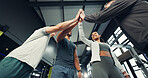 Exercise, group or hands together in support at gym for training success, team building or workout. Below, people and happy with celebration at sports club for wellness progress and fitness community