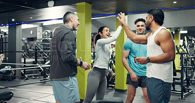 Buy stock photo Fitness, group and high five with support at gym for exercise progress, training milestone and happy. Sports club, people and celebration for teamwork goals, workout achievement or health motivation