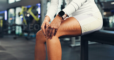 Buy stock photo Exercise, knee injury and hands of person in gym for physical training or workout accident. Fitness, legs and strain with hurt athlete in health club for emergency, joint inflammation or pain