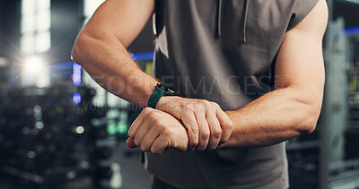 Buy stock photo Hands, wrist pain and man in gym, fitness or muscle tension with carpal tunnel syndrome. Closeup, health center or person with training, osteoporosis and joint injury with discomfort and inflammation