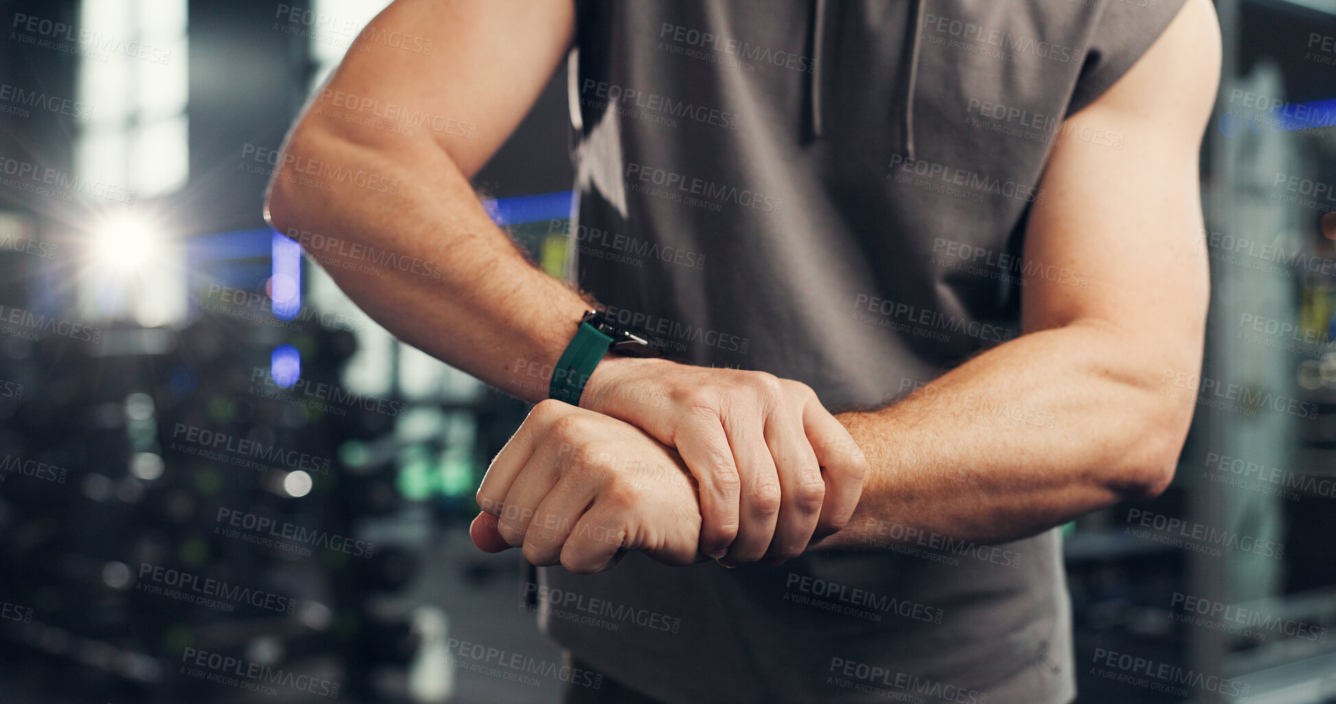 Buy stock photo Hands, wrist pain and man in gym, fitness or muscle tension with carpal tunnel syndrome. Closeup, health center or person with training, osteoporosis and joint injury with discomfort and inflammation