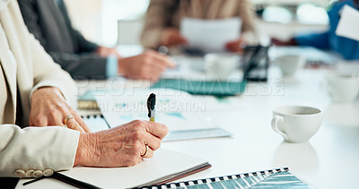 Buy stock photo Business people, hands and writing with book in meeting for corporate strategy or ideas in office. Group, employees or taking notes in conference for analytics, performance review or project planning