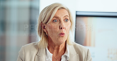 Buy stock photo Business, shocked and woman in office, wow and risk with bankruptcy, scam and facial expression. Mature person, accounting and employee in workplace, surprise and announcement with debt and phishing