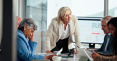 Buy stock photo Boardroom, manager and talking to employees, angry and discussion for failed deal or accountability. Upset, woman and people with guilt for missed deadline, poor performance and risk of job loss