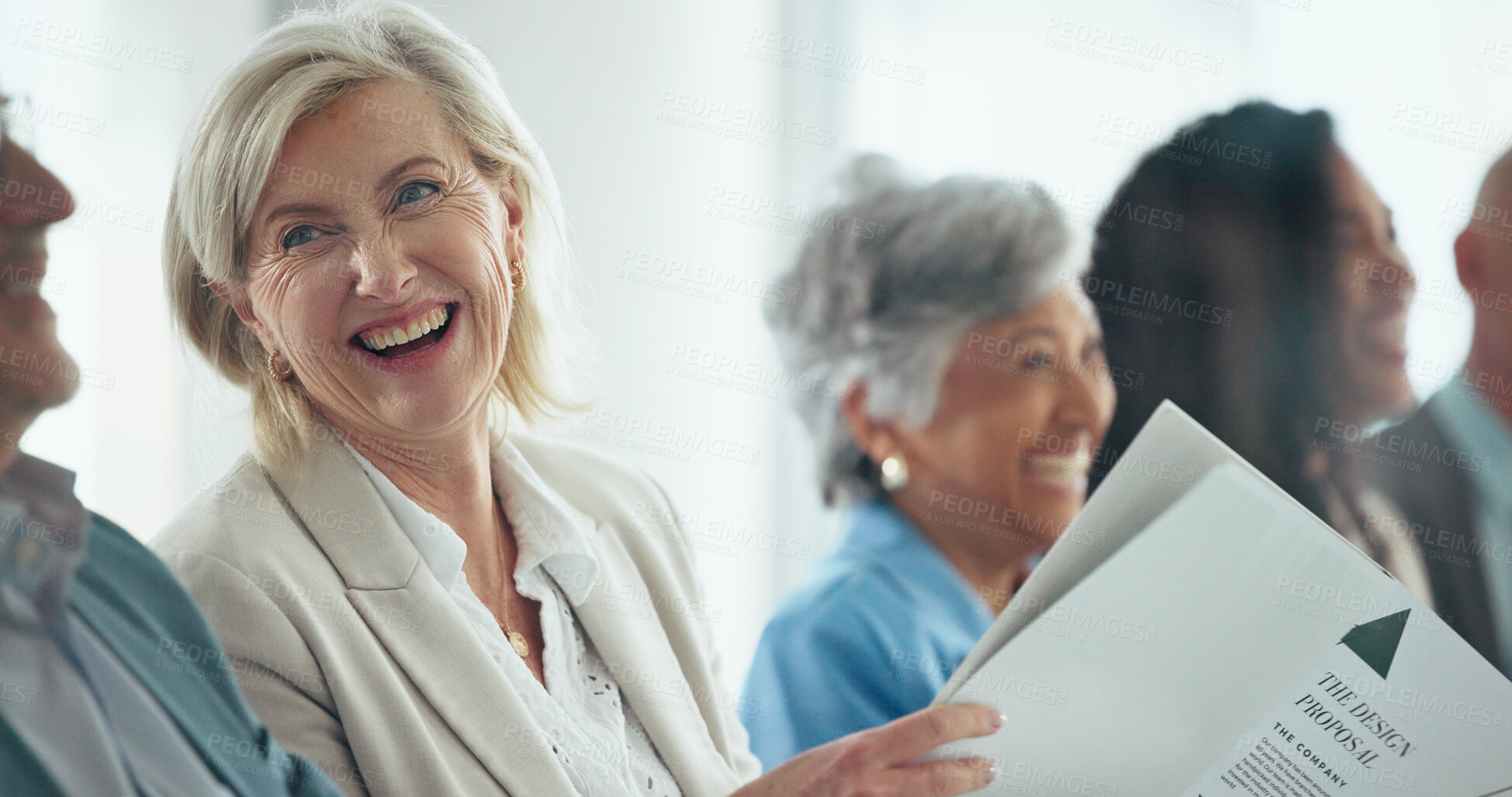 Buy stock photo Audience, file and laughing with business woman in convention center for seminar or workshop. Conference, design proposal and funny with group of employee people in auditorium for presentation