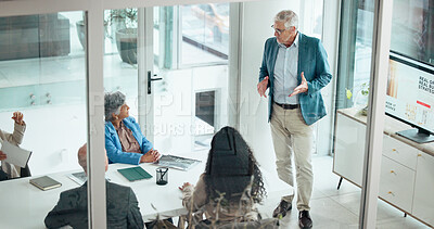 Buy stock photo Presentation, meeting and mentor with business people in office for discussion, planning and project management. Corporate, teamwork and speaker with screen for brainstorming, strategy and workshop