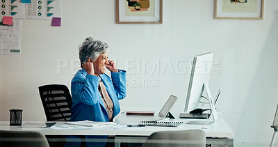 Buy stock photo Happy woman, winning and computer with fist pump for good news, promotion or achievement in office. Mature, female person or excited employee with smile in celebration for bonus or business success