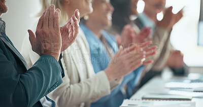 Buy stock photo Business people, hands and meeting with applause in office for congratulations or thank you. Group, employees or clapping in conference for team presentation, workshop or well done in workplace