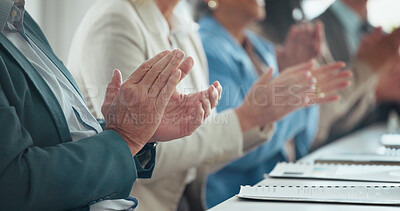 Buy stock photo Business people, hands and meeting with applause for congratulations or thank you in office. Group, employees or clapping in conference for team presentation, workshop or well done in workplace