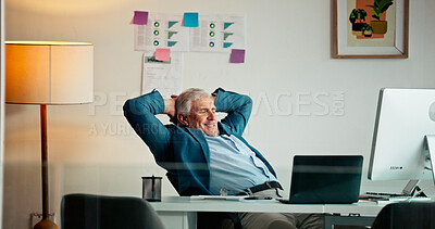 Buy stock photo Stretching, happy and mature businessman relax with financial analysis, project or finish trading. Calm, waiting and stock broker in office with complete work for corporate investment, break and rest