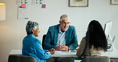 Buy stock photo Business, people and meeting in office with discussion, performance review and financial feedback. Mature CEO, employees and tech in workplace for planning, task delegation and happy with development