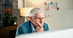 Business, thinking and man in workplace, computer and investment with problem solving. Decision, online accounting and mature person in office, pc and research for stock market, choice and doubt