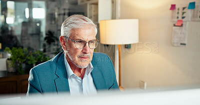 Buy stock photo Mature, businessman or reading with glasses in office for corporate performance review. Man, employee or analyst with technology for research on company project, investment or statistics in workplace