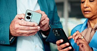 Buy stock photo Phone, hands and business people in office with communication, networking or contact in mobile app. Technology, corporate and financial advisors with cellphone for research, email or texting.