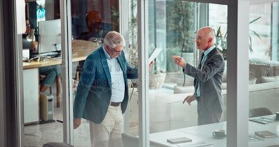 Buy stock photo Business, men and meeting with argument in office for warning, contract loss and wrong proposal. Mature people, conflict and manager shouting for document mistake, disagreement and project disaster