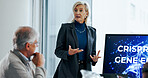 Presentation, woman and monitor with healthcare proposal for discussion, innovation and crispr. Investors, dna and gene editing with people together for medical research, collaboration and technology