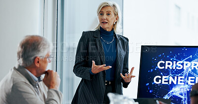 Buy stock photo Presentation, woman and monitor with healthcare proposal for discussion, innovation and crispr. Investors, dna and gene editing with people together for medical research, collaboration and technology