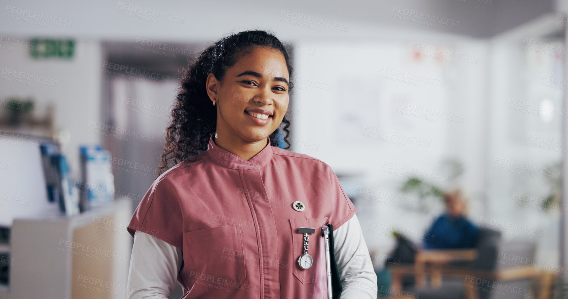 Buy stock photo Woman, nurse and happy in hospital for portrait, confidence and community service. Healthcare, African person and medical intern in clinic for career development, pride and opportunity in Senegal