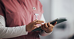 Nurse, hands and tablet with woman in hospital for patient history, digital chart or healthcare checklist. Doctor referral, treatment plan or medical report with person for online test results