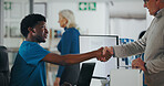 Man, nurse or receptionist with handshake for online booking or medical appointment. Male person, clinic secretary or health assistant with greeting at front desk for patient visit or schedule