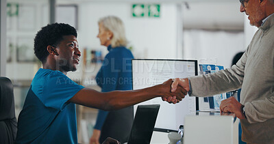 Buy stock photo Man, nurse or receptionist with handshake for online booking or medical appointment. Male person, clinic secretary or health assistant with greeting at front desk for patient visit or schedule