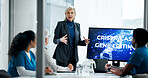 Presentation, woman and monitor with healthcare staff for discussion, innovation and crispr. Doctors, dna and gene editing with people together for medical research, collaboration and technology