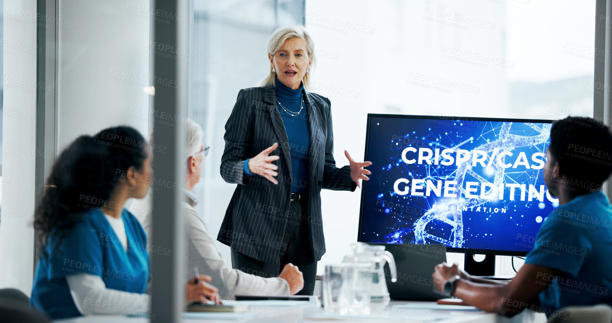 Buy stock photo Presentation, woman and monitor with healthcare staff for discussion, innovation and crispr. Doctors, DNA and gene editing with people together for medical research, collaboration and technology