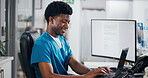 Black man, nurse or receptionist typing with laptop for online booking or medical appointment. African person, secretary or health assistant with computer at front desk for planning visit or schedule