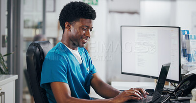 Buy stock photo Black man, nurse and typing with laptop for online booking, administration or medical appointment. African person, smile and health admin with computer at front desk for planning visit or schedule