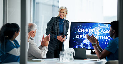 Buy stock photo Presentation, applause and monitor with healthcare staff for celebration, innovation and crispr. Doctors, success and gene editing with people together for medical research, collaboration and tech