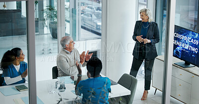 Buy stock photo Presentation, clapping and monitor with healthcare staff for success, innovation and crispr. Doctors, celebration and genetic disease with people together for medical research, collaboration and tech