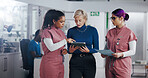 People, nurse and tablet with hospital manager for planning, surgery schedule and patient report. Women, meeting and digital for medical results, healthcare agenda or information on operation funding