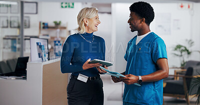 Buy stock photo Man, nurse and tablet with hospital manager for planning, surgery schedule and patient report. People, laughing and digital for medical results, healthcare agenda and information on operation funding