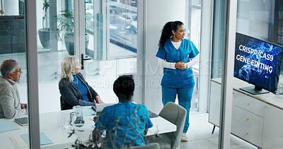 Buy stock photo Presentation, hospital and monitor with healthcare workers for discussion, innovation and cas9. Doctors, DNA and gene editing with people together for medical research, collaboration and technology