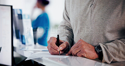 Buy stock photo Hands, reception or sign document in hospital for patient check in, medical appointment or health. Pen, clinic or person with signature for agreement, consent form or writing on insurance application