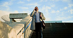 City, phone call and steps with business man outdoor for commute, travel or walking to work. Communication, conversation and stairs with happy mature employee in urban town for mobile update