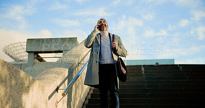Buy stock photo City, phone call and steps with business man outdoor for commute, travel or walking to work. Communication, conversation and stairs with happy mature employee in urban town for update from below