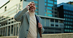 Happy man, realtor or laughing with phone call in city for funny joke, conversation or discussion. Mature, businessman or corporate real estate agent with smile on mobile smartphone for humor in town
