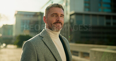 Buy stock photo Pride, portrait and business man in city for property agent, real estate investment and travel. Confidence, urban developer and professional with mature person outdoor for opportunity and commute