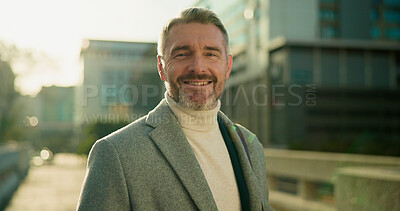 Buy stock photo Happy, portrait and business man in city for property agent, real estate investment and travel. Confidence, urban developer and professional with mature person outdoor for opportunity and commute