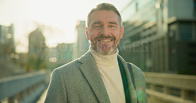 Buy stock photo Smile, portrait and business man in city for property agent, real estate investment and travel. Confidence, urban developer and professional with mature person outdoor for opportunity and commute