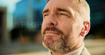 Buy stock photo Business, thinking and man in city, travel and urban town with morning commute, calm and future. Mature person, outdoor and employee with decision, choice and contemplation with opportunity and ideas