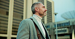 Thinking, business and man commute in city for real estate,  ideas and vision of urban development. Mature realtor, travel and reflection for property choice, infrastructure and expansion opportunity