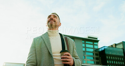 Buy stock photo Thinking, business and mature man in city for real estate, coffee and vision of urban development. Male realtor, below and reflection with property planning, infrastructure and expansion opportunity