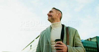 Buy stock photo Thinking, business and man with smile in city for real estate,  coffee and vision of urban development. Mature realtor, below and reflection of property plan, infrastructure and expansion opportunity