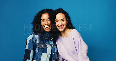 Buy stock photo Laugh, friends and women in studio for fashion, excited and support on blue background space. Smile, girls together and stylish clothes for casual outfit, funny and bonding with portrait of gen z