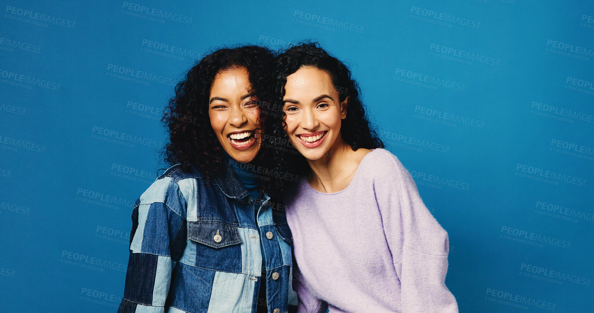 Buy stock photo Laugh, friends and women in studio for fashion, excited and support on blue background space. Smile, girls together and stylish clothes for casual outfit, funny and bonding with portrait of gen z