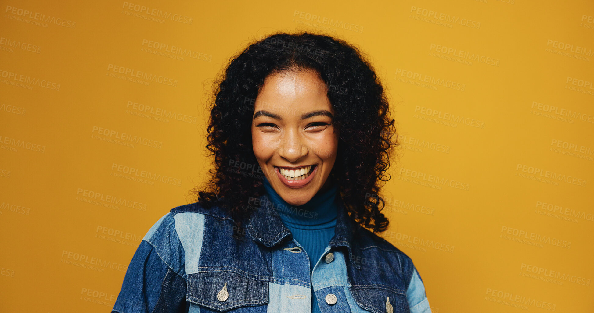 Buy stock photo Smile, laughing and portrait of woman in studio for fashion designer, about us and clothes tailor. Happy, joke and pride with person on yellow background for creative, entrepreneur and mockup space